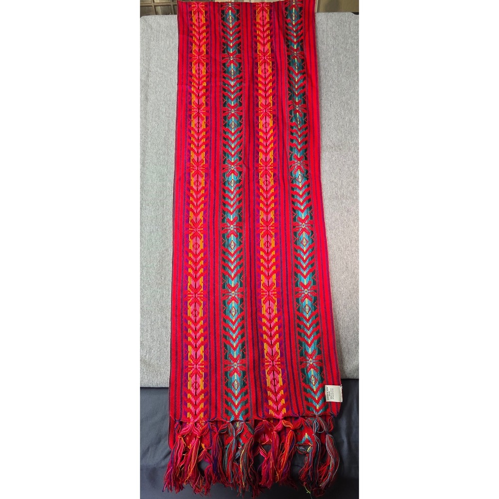 Vintage Mexican Woven Scarf Red Teal Geometric Boho Fringe Made in Mexico